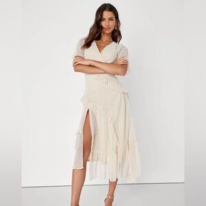 Lulu’s Next to You Cream Swiss Dot Ruffled Midi Dress Size M